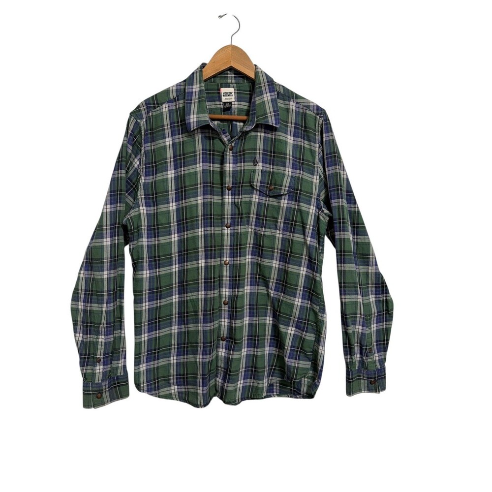 Volcom Workwear Shirt Mens Large Green Blue Plaid Snap Button Long Sleeve Cotton